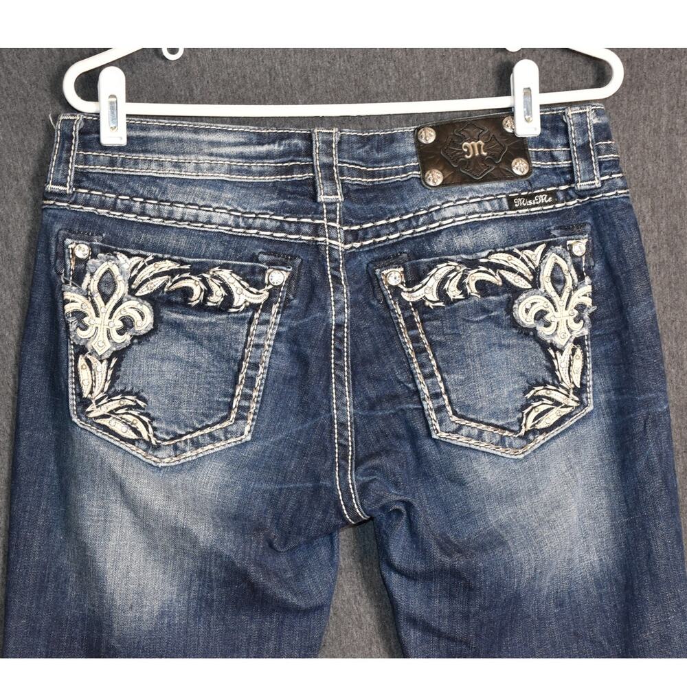 MIss Me Women's 31 Signature Boot Cut Fleur de Lis Pocket Distressed Denim Jeans